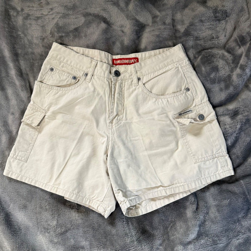Vtg Unionbay Cargo Shorts Sz 3 Beige Hi Waist Ripstop Cotton Y2K Gorpcore Hiking